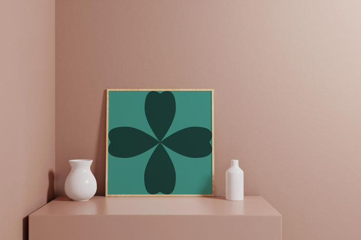 Abstract Cloverleaf Wall Art featuring a modern design with green cloverleaf shapes on a teal background