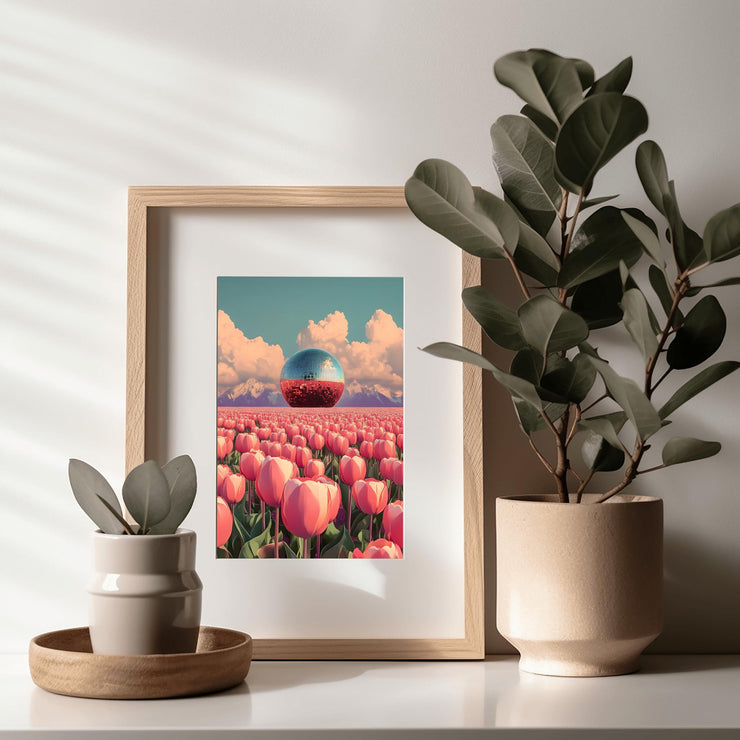 Framed Disco Ball in Tulip Field Art Print displayed on a stylish shelf with plants