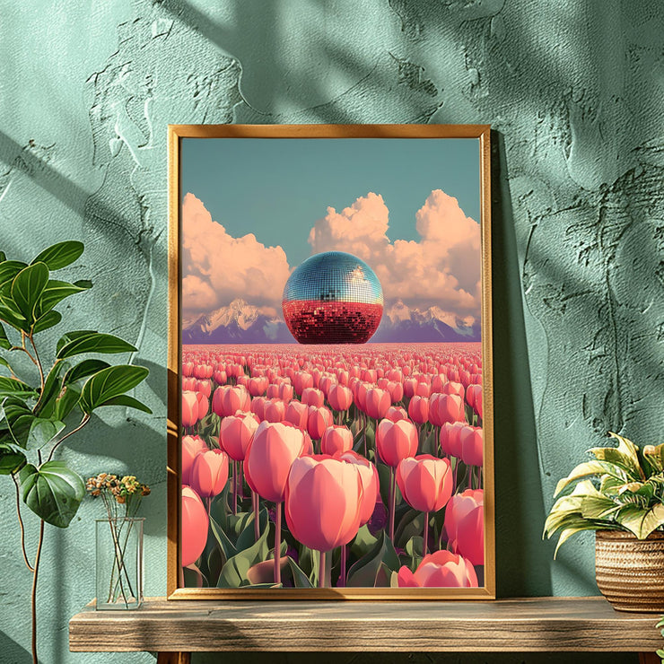 Disco Ball in Tulip Field Art Print featuring vibrant pink tulips and a reflective disco ball against a blue sky
