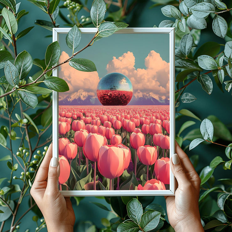 Disco Ball in Tulip Field Art Print framed and held among leafy plants
