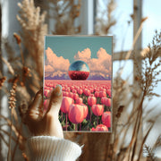 Disco Ball in Tulip Field Art Print held by a person against a backdrop of dried flowers