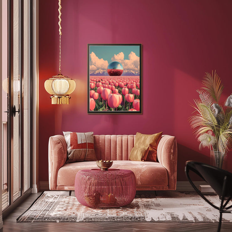Disco Ball in Tulip Field Art Print displayed on a wall in a stylish living room with pink accents