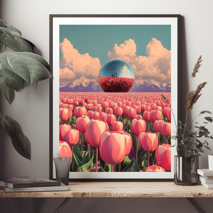 Disco Ball in Tulip Field Art Print featuring vibrant tulips and a reflective disco ball set against a colorful sky