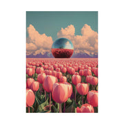 Disco Ball in Tulip Field Art Print featuring vibrant pink tulips and a reflective disco ball against a cloudy sky