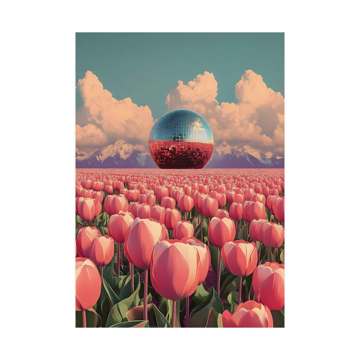 Disco Ball in Tulip Field Art Print featuring vibrant pink tulips and a reflective disco ball against a cloudy sky