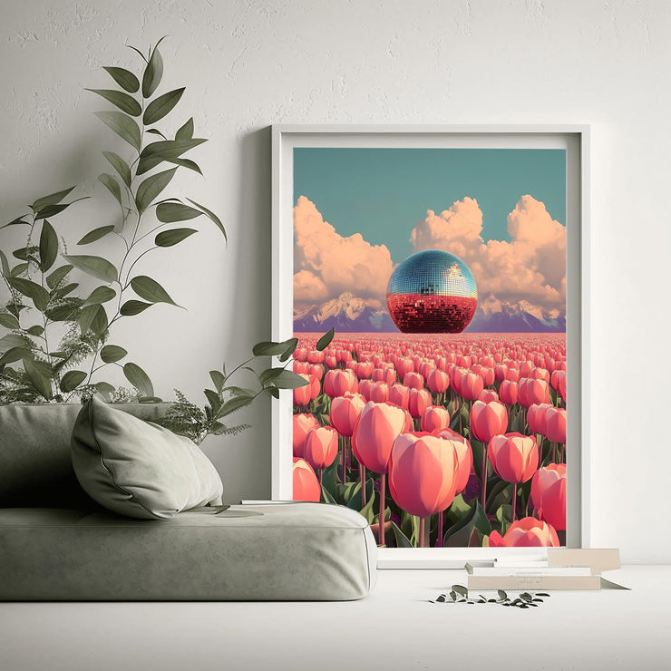 Disco Ball in Tulip Field Art Print showcasing a vibrant tulip field with a reflective disco ball