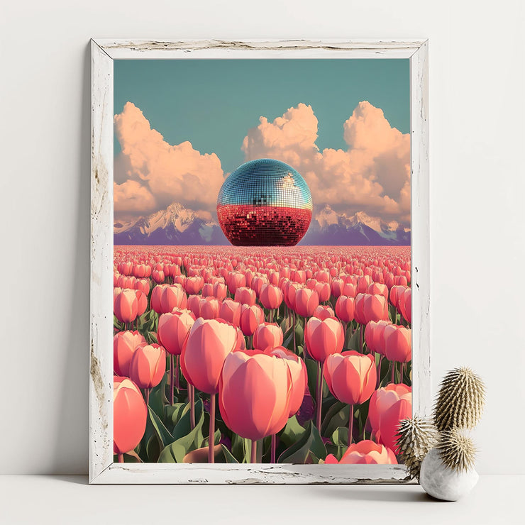 Disco Ball in Tulip Field Art Print framed with pink tulips under a cloudy sky for vibrant home decor