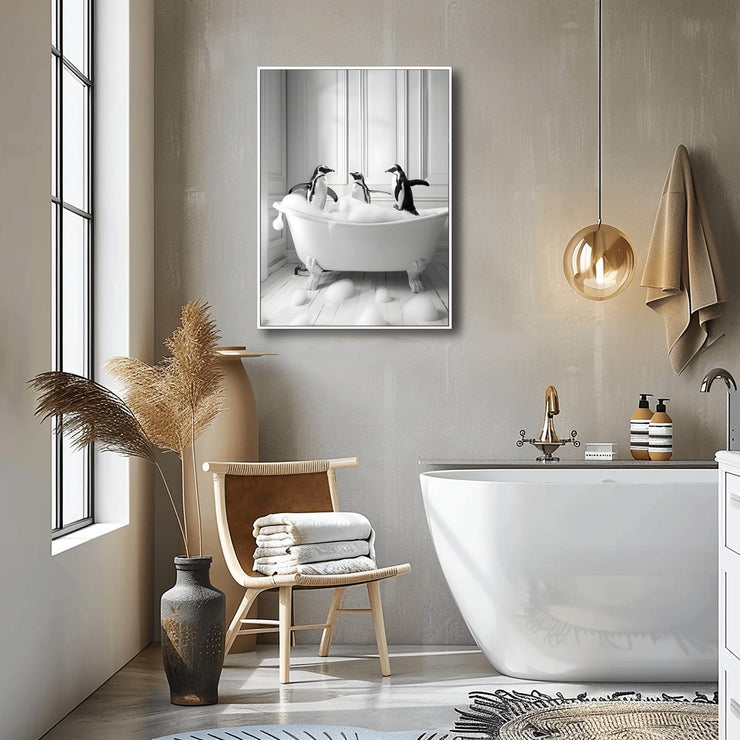Charming Penguin Bath Time Wall Art in a stylish bathroom setting with modern decor