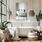 Charming Penguin Bath Time Wall Art displayed in a modern bathroom with greenery and decor