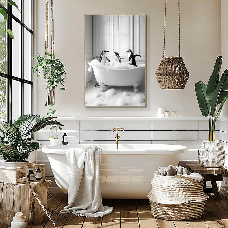 Charming Penguin Bath Time Wall Art displayed in a modern bathroom with greenery and decor