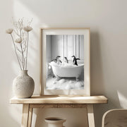 Charming Penguin Bath Time Wall Art featuring playful penguins in a vintage bathtub setting