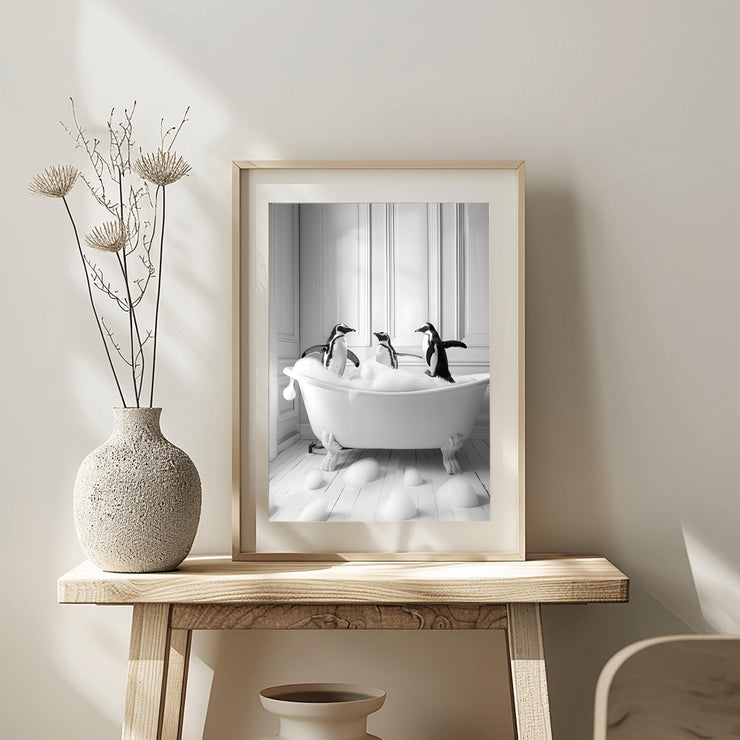 Charming Penguin Bath Time Wall Art featuring playful penguins in a vintage bathtub setting
