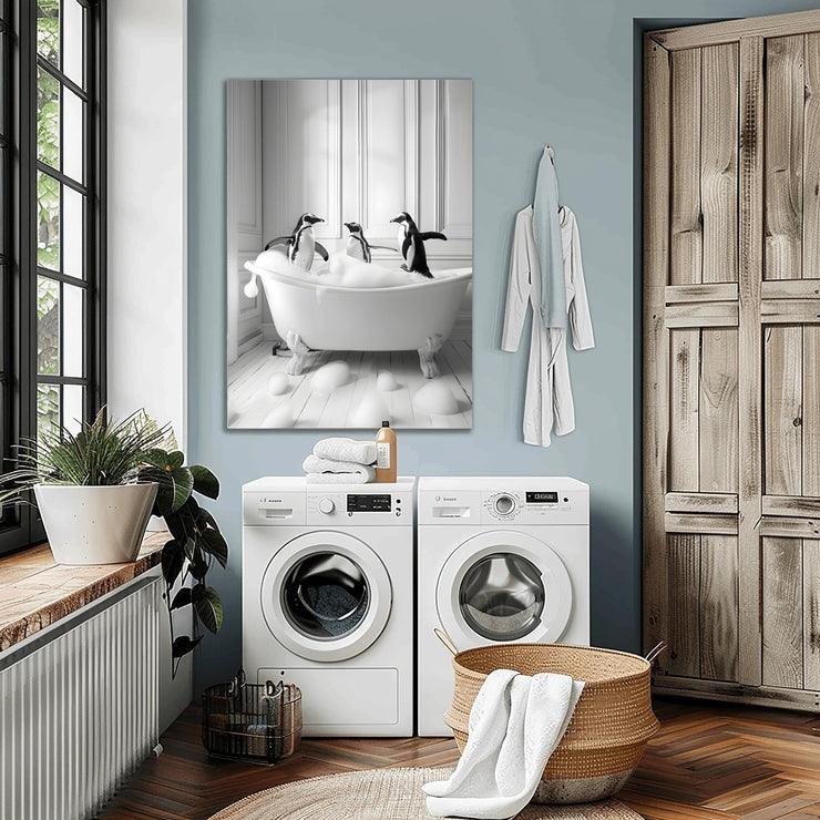 Charming Penguin Bath Time Wall Art featuring penguins in a bathtub for a whimsical home decor touch