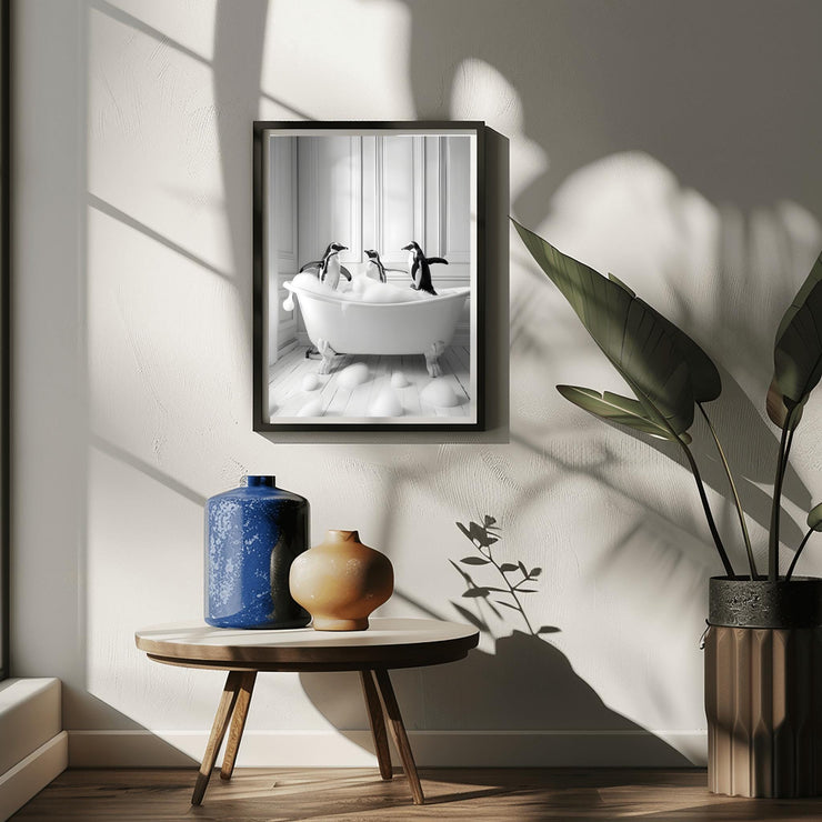 Charming Penguin Bath Time Wall Art in a stylish frame, enhancing a modern living space