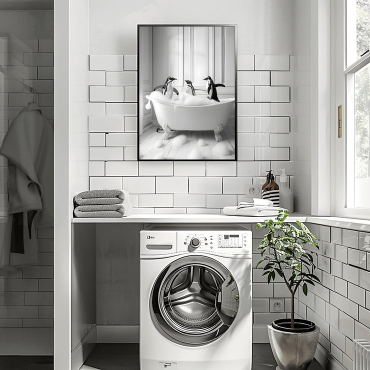 Charming Penguin Bath Time Wall Art in a Modern Bathroom Setting with a Washer and Towels