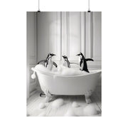 Charming Penguin Bath Time Wall Art featuring playful penguins in a bubbly white bathtub