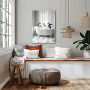 Charming Penguin Bath Time Wall Art displayed in a cozy living room with a modern aesthetic
