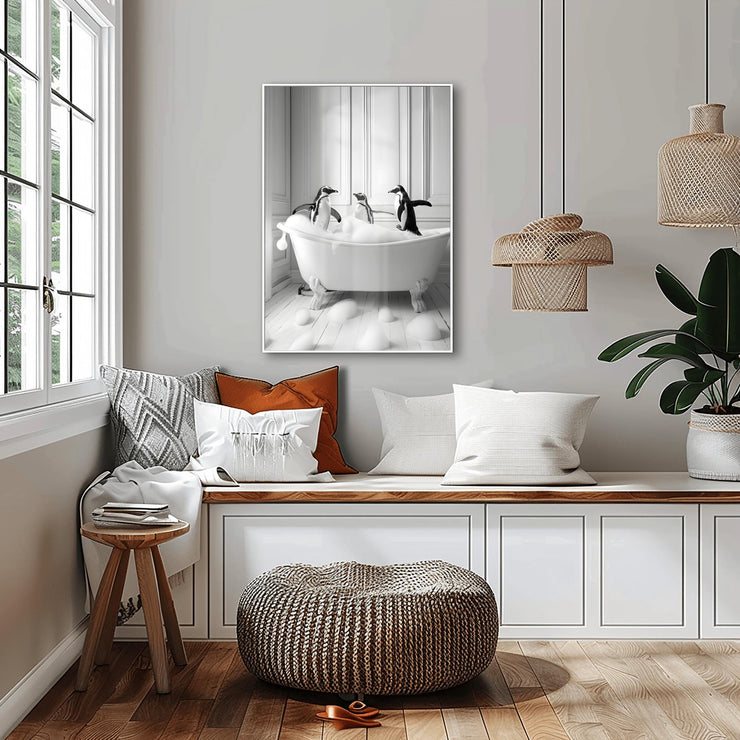 Charming Penguin Bath Time Wall Art displayed in a cozy living room with a modern aesthetic