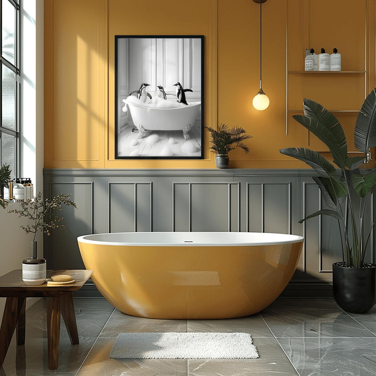 Charming Penguin Bath Time Wall Art displayed above a modern bathtub in a stylish bathroom