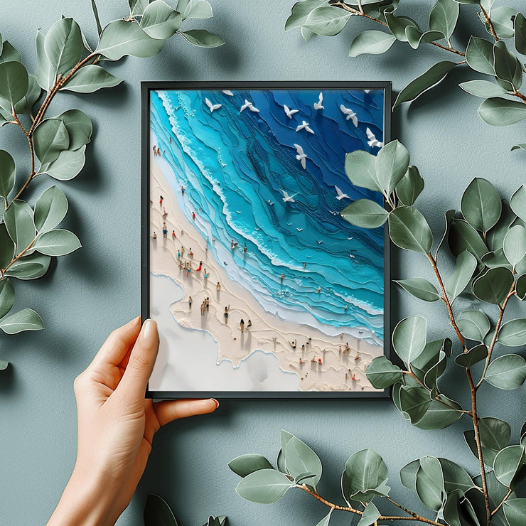 Coastal Beach Art Poster featuring serene waves and beachgoers in vibrant colors