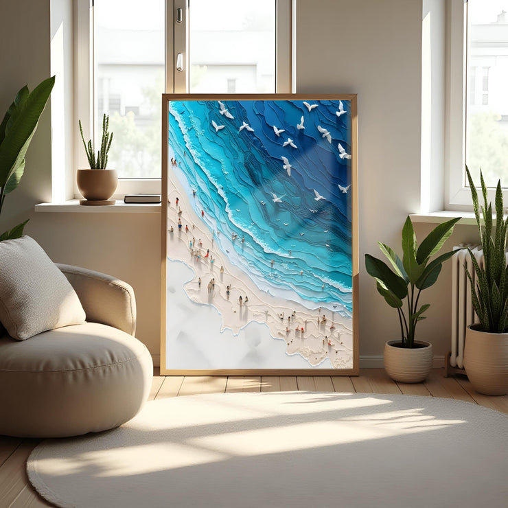 Coastal Beach Art Poster featuring an aerial view of a vibrant beach scene with people enjoying the sun