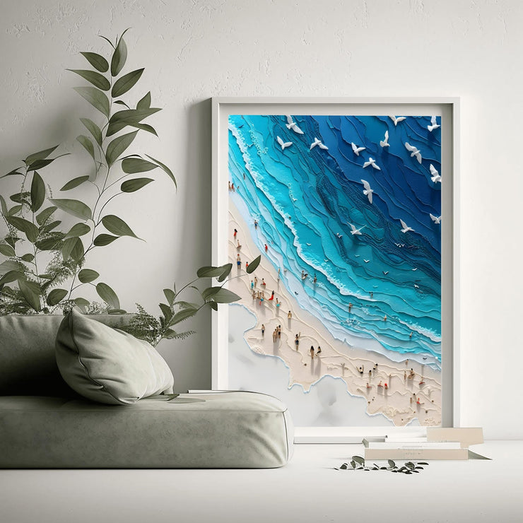 Coastal Beach Art Poster featuring a vibrant beach scene with waves and people enjoying the shore