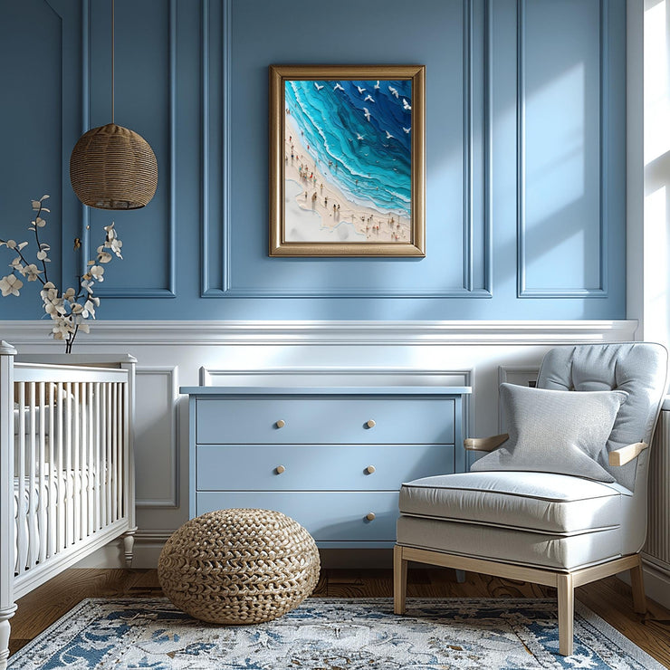 Coastal Beach Art Poster depicting a serene beach scene with soft waves and seabirds in a nursery setting