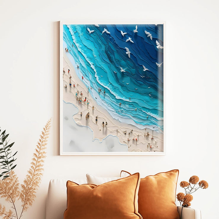 Coastal Beach Art Poster featuring serene ocean waves and people enjoying a beach day