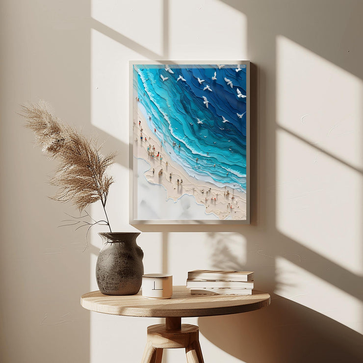 Coastal Beach Art Poster featuring vibrant ocean waves and sandy shore, perfect for coastal decor