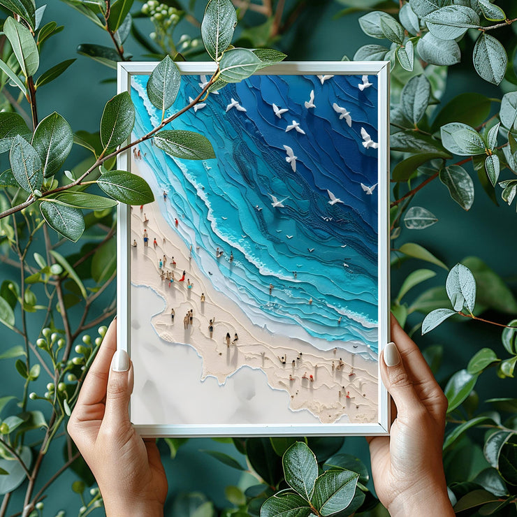 Coastal Beach Art Poster featuring a vibrant ocean and sandy beach scene with people and birds