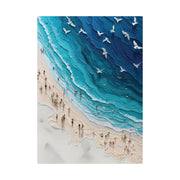 Coastal Beach Art Poster featuring vibrant waves and beachgoers in a serene seaside scene