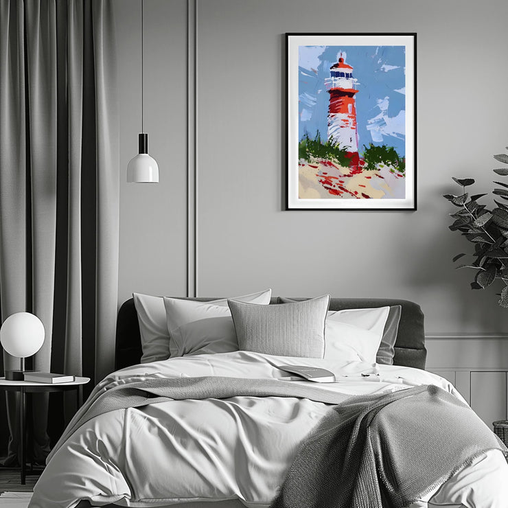 Coastal Lighthouse Art poster Print in a stylish bedroom setting with modern decor