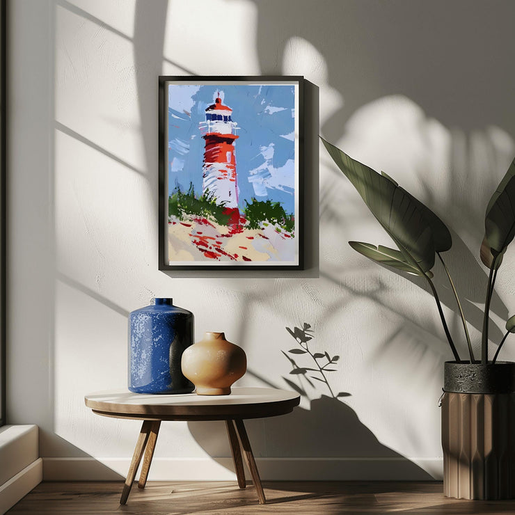 Coastal Lighthouse Art poster Print featuring a vibrant illustrated lighthouse in a sunlit room