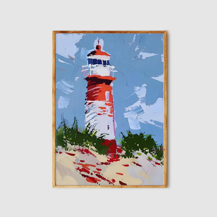 Coastal Lighthouse Art poster Print featuring a vibrant painted lighthouse scene with a blue sky