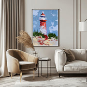 Coastal Lighthouse Art poster Print displayed in a cozy living room with modern decor
