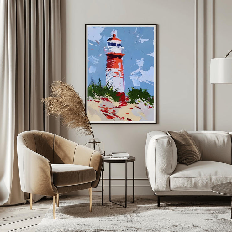 Coastal Lighthouse Art poster Print displayed in a cozy living room with modern decor