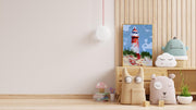 Coastal Lighthouse Art poster Print displayed in a modern room with plush toys and wooden decor