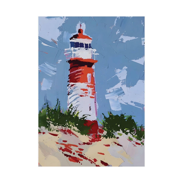 Coastal Lighthouse Art poster Print featuring a colorful lighthouse against a blue sky