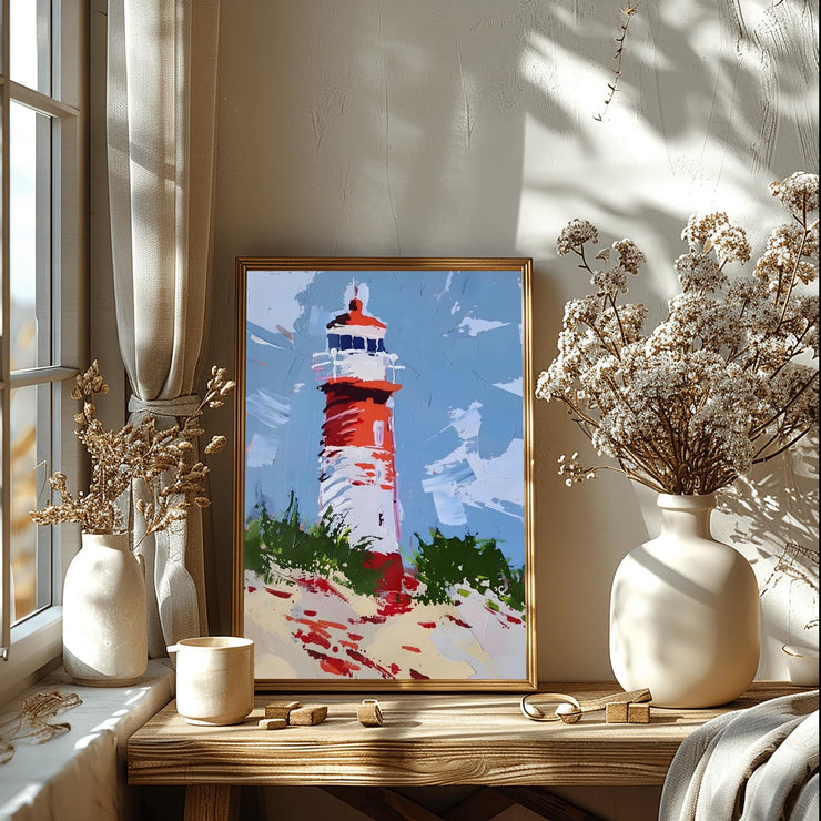 Coastal Lighthouse Art poster Print featuring a vibrant red and white lighthouse by the sea
