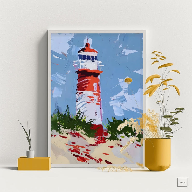 Coastal Lighthouse Art poster Print featuring a vibrant lighthouse against a blue sky