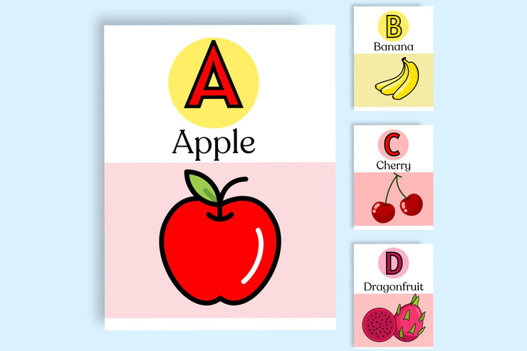 Colorful Alphabet Fruit Flashcards | Educational Printable ABC Fruits | A-Z Fruit Learning Cards for Kids | Digital Download