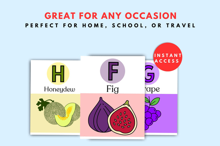 Colorful Alphabet Fruit Flashcards | Educational Printable ABC Fruits | A-Z Fruit Learning Cards for Kids | Digital Download
