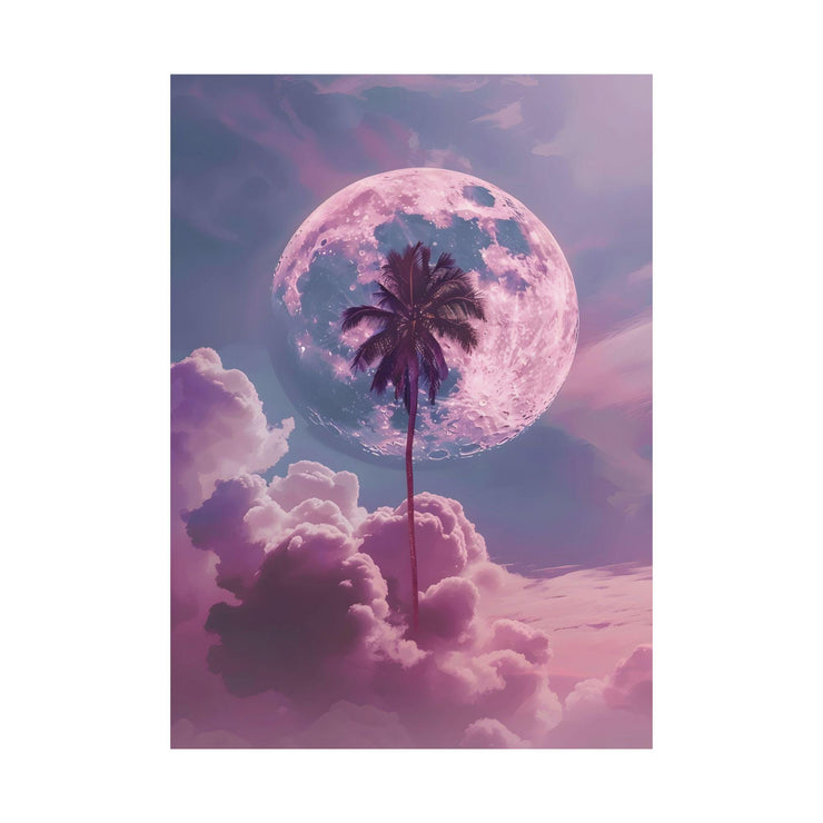 Dreamy Moon and Palm Tree poster featuring a vibrant moon and tropical palm against a pastel sky