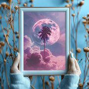 Dreamy Moon and Palm Tree poster framed with a hand holding it among soft clouds and pastel hues