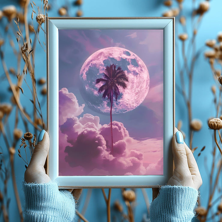 Dreamy Moon and Palm Tree poster framed with a hand holding it among soft clouds and pastel hues