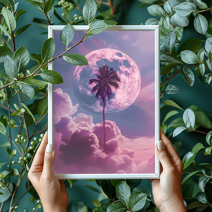 Dreamy Moon and Palm Tree poster framed and held among lush green leaves