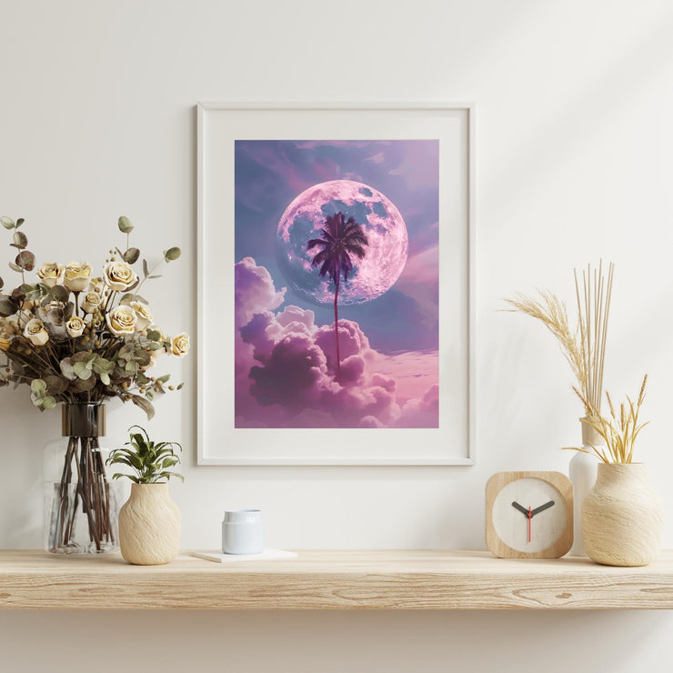 Dreamy Moon and Palm Tree poster displayed in modern decor with flowers and clock