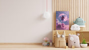 Dreamy Moon and Palm Tree poster displayed in a cozy room with plush toys and decor