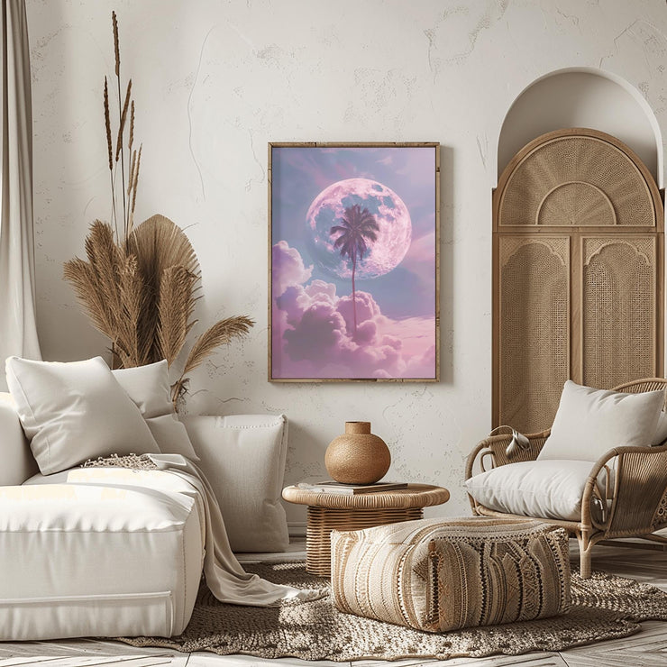 Dreamy Moon and Palm Tree poster displayed in a cozy living room with modern decor