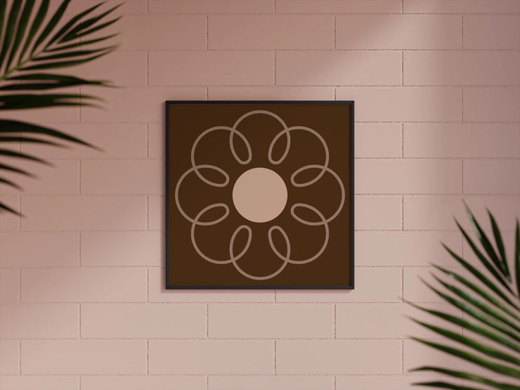 Earthy Circle in Brown Poster with a minimalist flower design against a textured wall